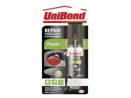 UniBond Repair Plastic is a 2 part water resistant epoxy adhesive sets solid in 5 minutes. Ideal for strong quick bonding and repairing of most plastics. Can be sanded, drilled, and painted. Designed to be workable for 4 minutes while the bond is being created, allowing for the adhesive to be repositioned into the correct position.It is temperature and water resistant meaning it is ideal for internal but also external use, perfect for repairing items such as garden chairs. Will bond plastic* to a wide variety of materials including leather, metal, glass, ceramics, and most woods.For best results, lightly sand surfaces prior to bonding. Make sure surfaces are clean, dry, and completely free from dust, dirt, rust, oil, grease, polish and moisture.* Suitable for use with most plastics: ABS, rigid PVC, Polystyrene, Polycarbonate, Acrylic and fibreglass.