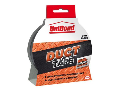 UniBond Duct Tape is an essential for everyday home maintenance. This heavy-duty cloth tape features a high-strength adhesive for a multitude of tasks around the home, office and schools. You can also use this tape on areas where water may get on the tape as it is waterproof. To save you time, UniBond duct tape has been designed so you can tear the tape by hand with no need for scissors.UniBond Duct Tape will repair, mount, bind, join and seal. One of the most robust and durable tapes around.1 x UniBond DIY Duct Tape Black 50mm x 50m.