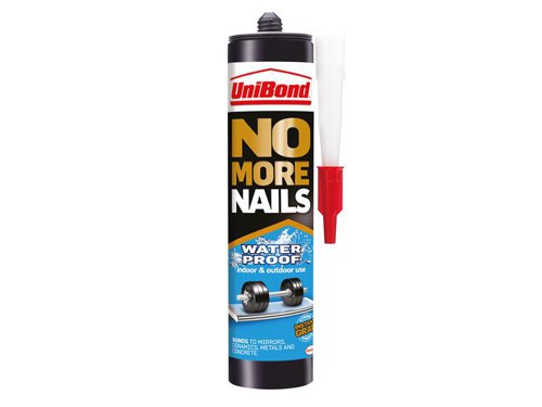 UniBond No More Nails Waterproof is ideal for both interior and exterior DIY or repair jobs, without the need for nails, screws or hassle. Constructed with hybrid polymer technology, ensuring a water-resistant and professional finish.The cartridge design ensures a simple application, allowing control of the flow of glue with the use of a cartridge gun. Suitable for most materials including wood, ceramic, metal, concrete, brick, plaster, stone and most plastics.For easy application, ensure surfaces are clean and free from dust, oil, grease and polish. Cut off the tip of the cartridge above the screw thread, screw on the nozzle and cut to the desired size. Insert cartridge into the gun. Apply adhesive to one surface of the item being bonded using a cartridge gun. Firmly press the items into place with a twisting action. Wipe away the excess and clean residues of adhesive with white spirit. Allow 24-48 hours to fully dry. Very heavy or distorted items may need support or additional fixing whilst drying.UniBond No More Nails Original – Eliminates the need for nails and screws!