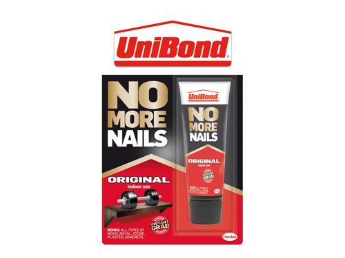 UniBond No More Nails Original Grab Adhesive is ideal for mounting and bonding, without the need for nails or screws. Constructed with solvent-free, water-based technology, ensuring extra-strength and a professional finish.Suitable for most common building materials, e.g. wood, ceramic, metal, concrete, brick, plaster, stone and most plastics. Specially designed for interior use, the grab glue ensures strong bonds for heavy-duty repair and DIY jobs in almost any capacity. Ideal as a skirting board adhesive and for many other internal bonding applications, including fixing coat hooks, window ledges and coving. Allow 24-48 hours to fully dry. Very heavy or distorted items may need support or additional fixing whilst drying.UniBond No More Nails Original – Eliminates the need for nails and screws!UniBond No More Nails Original Grab Adhesive Mini Tube 52g.For optimal application, ensure surfaces are clean and free from dust, oil, grease and loose material. One of the surfaces must be porous as the product dries by water evaporation. Remove the cap and squeeze the tube to extrude adhesive. Apply adhesive to one surface of the item being bonded in continuous beads 15cm apart; No cartridge gun needed. Firmly press the items into place with a twisting action. Wipe away the excess and clean residues of adhesive with water.