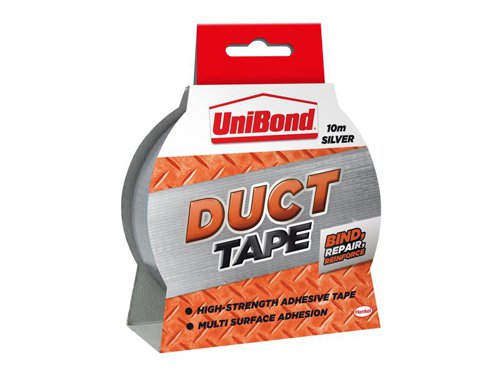 UniBond Duct Tape is an essential for everyday home maintenance. This heavy-duty cloth tape features a high-strength adhesive for a multitude of tasks around the home, office and schools. You can also use this tape on areas where water may get on the tape as it is waterproof. To save you time, UniBond duct tape has been designed so you can tear the tape by hand with no need for scissors.UniBond Duct Tape will repair, mount, bind, join and seal. One of the most robust and durable tapes around.1 x UniBond DIY Duct Tape Silver 50mm x 10m.