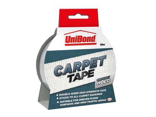 UniBond DIY Carpet Tape is a high strength, reinforced, permanent double sided tape adhesive. Can be used in high wear areas due to its reinforced fabric construction. It adheres to both smooth and uneven floor surfaces for a secure hold to all carpet backings. Suitable for a wide range of floor surfaces including bitumen, vinyl, concrete, stone, metal, tile, plywood and floorboards.