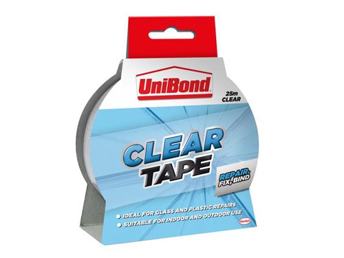 UniBond Transparent Repair Tape is a clear double sided tape with an extra strong adhesive. Use it to secure, mount and fix many items in and around the home. A built-in UV filter makes it sunlight resistant. Its also 100% waterproof. Adheres to most surface for use indoor and outdoor. It's also suitable for temporary repairs on cracked panels of glass, car lights, windscreens, wing mirrors, greenhouses and conservatories.