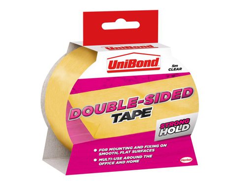 UniBond Double-Sided Tape for permanent securing, mounting, and fixing. Its strong adhesive ensures you can quickly and easily stick various materials to surfaces, with its ability to grip to smooth and rough surfaces. With premium holding power to secure an instant bond. No damage, this double sided tape leaves no residue when it's teared off. Ideal for DIY, crafting and office use.Specifications:Colour: Clear.Size: 38mm x 5m.