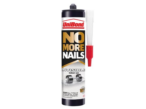 UniBond No More Nails Invisible eliminates the need for nails and screws. The solvent-free mount adhesive is constructed with water-based technology, ensuring extra-strength and a professional finish. Applies white, dries translucent.Specially designed for interior use, the mounting adhesive ensures strong bonds for heavy-duty repair and DIY jobs. Ideal as a skirting board adhesive and for many other internal bonding applications including fixing coat hooks or coving. Suitable for most common building materials, e.g. wood, ceramic, metal, concrete, brick, stone, plaster and most plastics.For optimal application, ensure surfaces are clean, dry and free from dust, oil, grease and loose material. One of the surfaces must be porous as the product dries by water evaporation. Cut off the tip of the cartridge above the screw thread, screw on nozzle and cut to desired size. Insert the cartridge in to the gun. Apply the adhesive to one surface and firmly press in to place with a twisting action. Remove excess adhesive immediately with water.