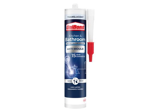 UniBond Healthy Kitchen & Bathroom Anti Mould Silicone Sealant ensures long-lasting, mould-free protection and strong seals. This high-quality and long-lasting joint filler is specially formulated to function in humid environments such as kitchens and bathrooms. Recommended for use as a kitchen sink sealant, worktop sealant or as a toilet sealant.High adhesion, create a perfect and long-lasting seal with this durable, high-strength kitchen sealant. Ensure a mould-free finish with regular cleaning of the sealant. Formulated with silicone acetoxy technology, this joint sealant provides long-lasting sanitary seals with high adhesion. The cartridge design ensures precise application. Waste no time with sealing jobs, touch-dry within just 20 minutes and fully dry in 24 hours.Protect your bathroom and kitchen from mould with the powerful UniBond Anti Mould Sealant!UniBond Healthy Kitchen & Bathroom Anti Mould Sealant Translucent Cartridge 274g.To apply, first ensure any existing sealant is removed and surfaces are clean and dry. Simply cut the tip off the cartridge above the screw thread. Then, remove the nozzle cap and trim the nozzle at an angle of 45° to the desired joint width. Lastly, screw the nozzle onto the cartridge and insert the cartridge into the gun. Apply by pulling the trigger. To maintain a mould-free finish, it is recommended to regularly clean the sealant of any soap or residue.