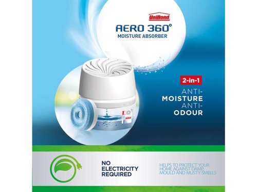 The UniBond AERO 360º Compact Moisture Absorber helps protect your home from excess moisture and its consequences. Thanks to its 360° air circulation, the AERO 360° dehumidifier and odour neutraliser effectively absorbs moisture to help create a comfortable indoor climate and prevent common damp problems such as condensation, mould and musty smells. Though smaller in size, the AERO 360º Compact Moisture Absorber achieves the same results as the standard AERO 360º Moisture Absorber.Featuring innovative 2-in-1 refill tab technology, the moisture absorber not only reduces excess moisture but also neutralises odours. The AERO 360° tab is comprised of ultra-active crystals and its patented wave-shaped surface enhances air exposure and circulation. Additionally, the tab includes patented anti-odour agents which capture and neutralise bad smells. The UniBond moisture absorber device also indicates when a refill is required, promising non-stop moisture control. Create a healthy indoor climate with the UniBond AERO 360º Moisture Absorber! Ideal for rooms of up to 20m² (e.g. bedroom, living room, kitchen). Unique AERO 360° refill tab lasts up to 3 months. Depending on moisture level and room temperature.To use:Push the ‘OPEN’ button on the lower left and right of the hood and lift up the hood from the device. Open the refill tab packaging. Place the tab with the blue side facing downwards on top of the axis and close the device.