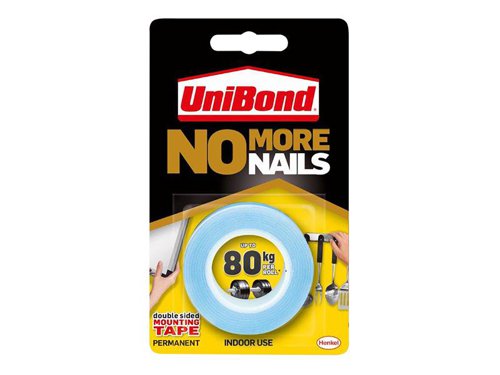 UniBond No More Nails Indoor Permanent Mounting Tape Roll. Eliminate the need for nails and screws in many DIY and repair jobs. Permanent, the item cannot be corrected after pressing down. Suitable for both indoor use. You can use it on a variety of surfaces including mirrors, wood, metal, stone, glass and most plastics.How To Apply 1. Apply on clean, dry, smooth and sound surfaces which are free from dust, oil, grease and polish. For best results clean surfaces with methylated spirit. Sound surfaces means substrate must be strong enough to support weight of items held. 2. Cut the length needed. Apply vertical strips every 15-30cm as shown in illustration, depending on the item's weight. Press down firmly. Remove the blue liner3. Apply your item to the surface and press down firmly for a few seconds. Maximum adhesion is reached after 24 hours. Support heavier items for the period.