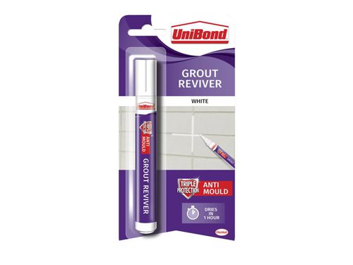 The UniBond Grout Reviver Pen lets you revive the look of your bathroom walls. Restore and refresh old bathroom grout which has become faded and discoloured. Thanks to the innovative pen shape, the grout pen ensures precise covering of old joints with an ice white grout layer leaves grouts look as good as new again.In addition, the durable grout pen offers triple protection mould resistance repels, kills and prevents mould growth, making it ideal for moisture-rich rooms such as bathrooms or kitchens. The grout cleaner can cover up to 60m and even dries within 60 minutes, meaning showers can be used shortly after application. To apply: Ensure joints are clean and dry. Shake the pen well before use and apply to the joints. After just one hour, the new grout layer is waterproof. Store the product in a dry, cool and frost-free environment and keep the pen well-closed.
