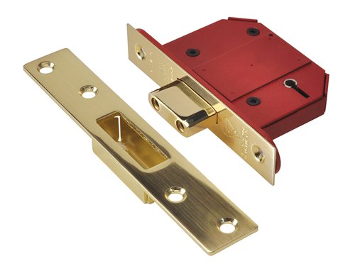The Union 2100S StrongBOLT British Standard 5 lever mortice deadlock is ideal for timber doors hinged on the left or right and they are suitable for doors up to 54mm thick. The 20mm deadbolt is locked or unlocked by the key from either side, and gives a secure positive deadlocking and additional resistance against attack.2100S features an anti-pick, anti-saw and anti-drill security, chamfered bolt design that increases the performance of the lock under side load testing. The chamfer of the bolt also makes drilling attack more difficult. Supplied with covered escutcheon to match forend.The StrongBOLT series of locks are recommended by insurance companies, kitemarked to BS3621: 2007 (British Standard). They are also covered by a 10 Year guarantee.The radius inner forend for ease of installation, can be installed into many UK mortices without the need for additional carpentry or spoiling the edge of the door. The anti-pick and keyhole protection prevents forced entry by picking and the lock has hardened steel pins that provide resistance to attack from sawing.Striking Plate Finished to match forend.Face Plate Supplied with square face plate which covers a radius inner forend.Deadbolt with hardened steel rollers.Rebate Kit 2100REB 13mm or 26mm.Keying Groups Supplied to differ or to pass/keyed alike.Supplied with 2 steel nickel plated keys.Forend: Brass finishCase Size: 68mm x 89mm (2.5in)Backset: 45mm This is the measurement from the edge of the door to the centre of the keyhole.Boxed