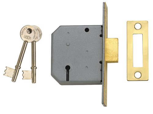 The Union 2177 3 lever mortice deadlocks are ideal for timber doors hinged on the left or right and the keys are suitable for doors up to 54mm thick. The deadbolt is locked or unlocked by the key from either side, and has a 12.5mm anti-saw deadbolt.The striking plate is finished to match the forend.Deadbolt Brass, with hardened steel rollersRebate Kit 2969 (13mm, 19mm or 25mm)Keying Groups May be supplied to pass, differ and keyed alike with 2077, 2157, 2277 and 2477Supplied with 2 steel nickel plated keysKeying 100 standard differs (numbers from M101M to M200M)A deadlock has a single deadbolt which is locked or unlocked and locked by means of a key from either side, whereas, a sashlock has both a deadbolt and a latch which is operated from either side by a lever handles.The security level of mortice deadlocks or sashlocks ranges from 2-5 levers. The higher the number of levers the more secure the lock is.Forend Finish: Satin Chrome (Striking Plate Security box type, finished to match forend)Case Size: 77.5mm x 70mm (3 in)Backset: 57mm This is the measurement from the edge of the door to the centre of the keyhole.Pack: Boxed