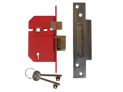 The Union 2200S StrongBOLT 5 lever mortice sashlock is ideal for timber doors hinged on the left or right and they are suitable for doors up to 54mm thick. The deadbolt is locked or unlocked by the key from either side with the 20mm deadbolt for secure positive deadlocking and additional resistance against attack.2200S features an anti-pick, anti-saw and anti-drill security, chamfered bolt design that increases the performance of the lock under side load testing. The chamfer of the bolt also makes drilling attack more difficult. Supplied with covered escutcheon to match forend.The StrongBOLT series of locks are recommended by insurance companies, kitemarked to BS3621: 2007 (British Standard). They are also covered by a 10 Year guarantee.The radius inner forend for ease of installation, can be installed into many UK mortices without the need for additional carpentry or spoiling the edge of the door. The anti-pick and keyhole protection prevents forced entry by picking and the lock has hardened steel pins that provide resistance to attack from sawing.Case Steel, red powder coat.Forend Stainless steel or brass finish.Striking Plate Finished to match forend.Face Plate supplied with square face plate which covers a radius inner forend.Deadbolt With hardened steel rollers.Latch Bolt Reversible.Follower 8mm square.Rebate Kit 2200REB 13mm or 26mm.Keying Groups Supplied to differ or to pass/keyed alike.Supplied with 2 steel nickel plated keys.Key Blank Number KB430.Finish: Satin ChromeCase Size: 68mm x 109.6mm (2.5in)Backset: 45mm This is the measurement from the edge of the door to the centre of the keyhole.Centre: 57mm This is the measurement from the centre of the follower, which operates the handles, to the centre of the keyhole. In the UK this is commonly 57mm.Boxed
