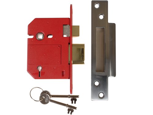 The Union 2200S StrongBOLT 5 lever mortice sashlock is ideal for timber doors hinged on the left or right and they are suitable for doors up to 54mm thick. The deadbolt is locked or unlocked by the key from either side with the 20mm deadbolt for secure positive deadlocking and additional resistance against attack.2200S features an anti-pick, anti-saw and anti-drill security, chamfered bolt design that increases the performance of the lock under side load testing. The chamfer of the bolt also makes drilling attack more difficult. Supplied with covered escutcheon to match forend.The StrongBOLT series of locks are recommended by insurance companies, kitemarked to BS3621: 2007 (British Standard). They are also covered by a 10 Year guarantee.The radius inner forend for ease of installation, can be installed into many UK mortices without the need for additional carpentry or spoiling the edge of the door. The anti-pick and keyhole protection prevents forced entry by picking and the lock has hardened steel pins that provide resistance to attack from sawing.Case Steel, red powder coat.Forend Stainless steel or brass finish.Striking Plate Finished to match forend.Face Plate supplied with square face plate which covers a radius inner forend.Deadbolt With hardened steel rollers.Latch Bolt Reversible.Follower 8mm square.Rebate Kit 2200REB 13mm or 26mm.Keying Groups Supplied to differ or to pass/keyed alike.Supplied with 2 steel nickel plated keys.Key Blank Number KB430.Finish: Satin ChromeCase Size: 81mm x 109.6mm (3in)Backset: 57mm This is the measurement from the edge of the door to the centre of the keyhole.Centre: 57mm This is the measurement from the centre of the follower, which operates the handles, to the centre of the keyhole. In the UK this is commonly 57mm.Boxed