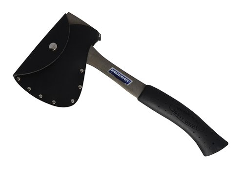 The Vaughan AS114 Camping Axe is made from solid steel with a polished head and handle. It has a flat striking face with bevelled edges and a nail slot in its blade.Its curved handle has a shock-absorbent, slip-resistant grip.Supplied with a durable, fitted sheath.Weight: 567g (1.1/4 lb).Made in the USA.