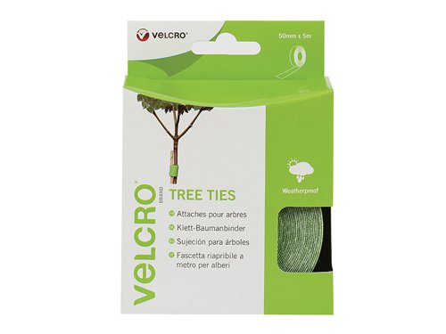 The VELCRO?½ Brand ONE-WRAP?½ Tree Ties are easy-to-use, a no knots securing solution for staking and training. It is fully adjustable, durable and reusable. Simply wrap and press to secure, its soft lining ensures the tie does not cut into the stem as the tree grows. It is weatherproof and supplied as a cut to size roll.How to use:Cut to length, allowing sufficient overlap for a secure hold.Wrap tie around plant.For added strength, increase overlap.Colour: Green.Size: 5m x 50mm.