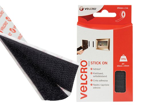 VEL VELCRO® Brand Stick On Tape 20mm x 1m Black