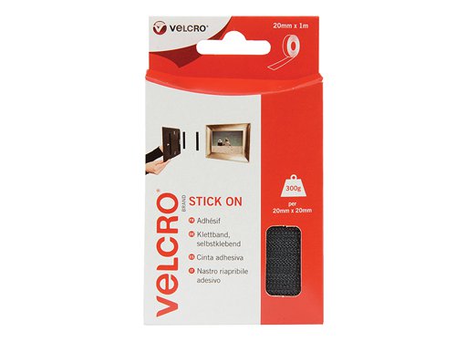 VELCRO® Brand Stick On Tape is the easy-to-use alternative to nails and screws. To use, clean and dry both surfaces. Cut tape to length. Peel backing paper and press firmly to surfaces.Allow adhesive 10 minutes to set (or longer for heavier items) before attaching VELCRO® Brand fastening. Supplied as a cut to size roll in white or black.The adhesive reaches maximum strength after 24 hours.VELCRO® Brand Hook & Loop Stick On Tape comes in the following:Colour: Black.Size: 1m x 20mm.