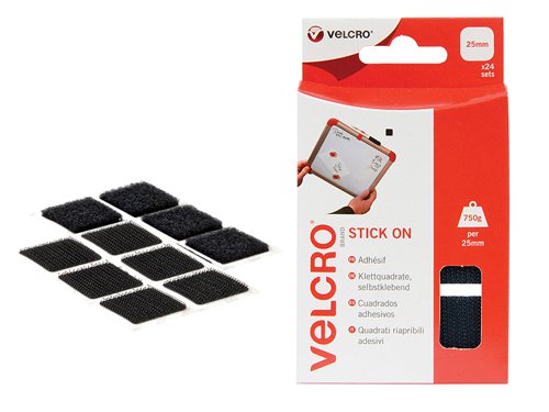 VEL VELCRO® Brand Stick On Squares 25mm Black (Pack 24)