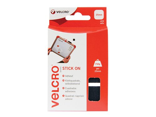 VEL VELCRO® Brand Stick On Squares 25mm Black (Pack 24)