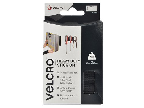 VELCRO® Brand Heavy-Duty Hook & Loop Stick On Strips are the quick and easy to use alternative to nails, screws and glues. With extreme holding power, holds weight up to 7kg per 50mm x 100mm piece (adhesive reaches maximum strength after 24 hours).Secures items in seconds, simply peel and stick - no tools required and they are suitable for use indoors and out. Supplied as 2 pre-cut strips allow for a quick and easy application.VELCRO® Brand Heavy-Duty Stick On Strips comes in the following:Size: 50 x100mm White.Colour: Black.