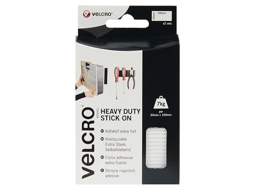 VELCRO® Brand Heavy-Duty Hook & Loop Stick On Strips are the quick and easy to use alternative to nails, screws and glues. With extreme holding power, holds weight up to 7kg per 50mm x 100mm piece (adhesive reaches maximum strength after 24 hours).Secures items in seconds, simply peel and stick - no tools required and they are suitable for use indoors and out. Supplied as 2 pre-cut strips allow for a quick and easy application.VELCRO® Brand Heavy-Duty Stick On Strips comes in the following:Size: 50 x100mm White.Colour: White.