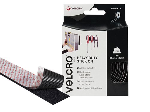 VEL VELCRO® Brand Heavy-Duty Stick On Tape 50mm x 1m Black