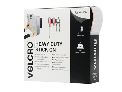 VELCRO® Brand Hook & Loop Heavy-Duty Stick On Tape is the quick and easy to use alternative to nails, screws and glues. With extreme holding power, holds weight up to 7kg per 50mm x 100mm piece (adhesive reaches maximum strength after 24 hours).To use: clean and dry both surfaces. Peel backing paper and press firmly to surfaces. Allow 15 minutes to set (or longer for heavier items) before attaching VELCRO® Brand fastening.Supplied as a cut to size roll in white or black.The VEL60244 Heavy-Duty VELCRO® Brand Stick On Tape comes in the following:Colour: White.Size: 5m x 50mm.Allow 15 minutes to set (or longer for heavier items) before attaching.