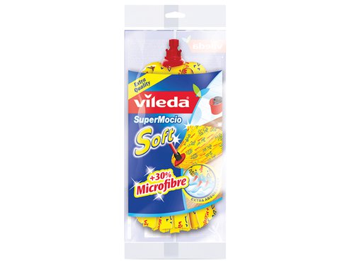 The Vileda SuperMocio Soft mop is made from a super absorbent material, great for cleaning tiles and vinyl flooring. It has a lemon shaped head for helping to clean into corners and now has +30% microfibre for extra effectiveness. Machine washable, durable mop head.This Vileda SuperMocio Soft mop refill is super absorbent and has a lemon shaped head for improved corner cleaning. Machine washable. The mop head is made from 30% more microfibre* for a more efficient clean.Fits all Vileda SuperMocio handles.(*compared to previous SuperMocio Soft version)
