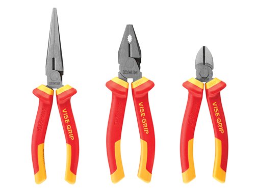 This set of VDE pliers contains 3 of the most used pliers in one set.They are manufactured from chrome nickel steel. Fitted with VDE ProTouch™ handles for maximum comfort and reduced hand fatigue.Individually tested (1,000V) at factory and meet ASTM, IEC, VDE and DIN specifications.Contents:1 x Combination Pliers.1 x Long Nose Pliers.1 x Side Cutting Pliers.
