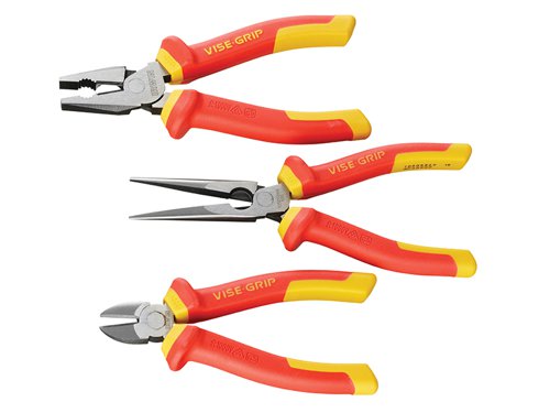 This set of VDE pliers contains 3 of the most used pliers in one set.They are manufactured from chrome nickel steel. Fitted with VDE ProTouch™ handles for maximum comfort and reduced hand fatigue.Individually tested (1,000V) at factory and meet ASTM, IEC, VDE and DIN specifications.Contents:1 x Combination Pliers.1 x Long Nose Pliers.1 x Side Cutting Pliers.
