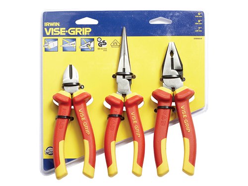 This set of VDE pliers contains 3 of the most used pliers in one set.They are manufactured from chrome nickel steel. Fitted with VDE ProTouch™ handles for maximum comfort and reduced hand fatigue.Individually tested (1,000V) at factory and meet ASTM, IEC, VDE and DIN specifications.Contents:1 x Combination Pliers.1 x Long Nose Pliers.1 x Side Cutting Pliers.