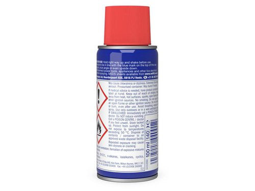 WD-40® is an all purpose liquid for displacing moisture, corrosion control, lubrication, cleaning and penetration. It has the ability to penetrate the minute grain boundaries on all metals. Although not essentially a lubricant, WD-40® is regularly used to lubricate all light machinery and electrical equipment. Protects metal from rust and corrosion, penetrates stuck or jammed parts, displaces moisture, and lubricates just about anything. It is also great when it comes to cleaning grease, grime, and other marks from most surfaces.WD-40® is a mixture of chemical concentrates suspended in a high grade petroleum distillate. It will not affect fabrics, rubbers or plastics. Its working temperature is between -100° F and +500° F. Thoroughly recommended to clean, preserve and protect all tools.The Five Basic Functions:CLEANS: gets under dirt, marks and grease, making it easy to wipe them away. It also dissolves adhesives, allowing the easy removal of labels, tape, and stickers.PROTECTS: metal surfaces with corrosion-resistant ingredients to shield against moisture and other corrosive elements.LUBRICATES: lubricating ingredients are widely dispersed, and hold firmly to all moving parts.PENETRATES: loosens rust-to-metal bonds and frees stuck, frozen or rusted metal parts.DISPLACES MOISTURE: Because WD-40® displaces moisture, it quickly dries out electrical systems to eliminate moisture-induced short circuits. (Remember to turn the power off before you spray).Did You Know? Discover some unusual uses for WD-40® to keep your world running smoothly!Spray WD-40® onto a clean cloth and wipe to remove scuff marks off skirting boards.Rid shower screens of water marks and smears with a rub down with WD-40®.Give piano keys a clean up with a squirt of WD-40® and a clean cloth.Slugs attacking your favourite plant? Spraying WD-40® on your plant pots will keep them at bay.Stop your ironing board squeaking with a squirt of WD-40® on moving hinges and parts.Tea stains on work tops or lino flooring are no match for WD-40®: apply a squirt of oil to a clean cloth and wipe them away.Squirrels pinching your nuts? A squirt of WD-40® on your bird table stand will help stop them stealing food left out for feathered friends.WD-40® can be used to remove chewing gum from shoes and carpets.Caught with a stuck-fast zip? A squirt of WD-40® will help get you out of a jam.Storage slot in the cap so you don't lose the straw.1 x WD-40® Multi-Use Maintenance Aerosol 100ml