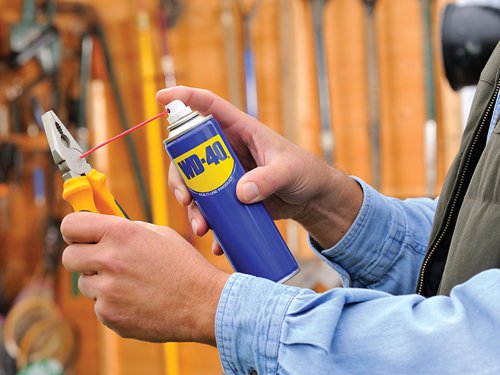 WD-40® is an all purpose liquid for displacing moisture, corrosion control, lubrication, cleaning and penetration. It has the ability to penetrate the minute grain boundaries on all metals. Although not essentially a lubricant, WD-40® is regularly used to lubricate all light machinery and electrical equipment. Protects metal from rust and corrosion, penetrates stuck or jammed parts, displaces moisture, and lubricates just about anything. It is also great when it comes to cleaning grease, grime, and other marks from most surfaces.WD-40® is a mixture of chemical concentrates suspended in a high grade petroleum distillate. It will not affect fabrics, rubbers or plastics. Its working temperature is between -100° F and +500° F. Thoroughly recommended to clean, preserve and protect all tools.The Five Basic Functions:CLEANS: gets under dirt, marks and grease, making it easy to wipe them away. It also dissolves adhesives, allowing the easy removal of labels, tape, and stickers.PROTECTS: metal surfaces with corrosion-resistant ingredients to shield against moisture and other corrosive elements.LUBRICATES: lubricating ingredients are widely dispersed, and hold firmly to all moving parts.PENETRATES: loosens rust-to-metal bonds and frees stuck, frozen or rusted metal parts.DISPLACES MOISTURE: Because WD-40® displaces moisture, it quickly dries out electrical systems to eliminate moisture-induced short circuits. (Remember to turn the power off before you spray).Did You Know? Discover some unusual uses for WD-40® to keep your world running smoothly!Spray WD-40® onto a clean cloth and wipe to remove scuff marks off skirting boards.Rid shower screens of water marks and smears with a rub down with WD-40®.Give piano keys a clean up with a squirt of WD-40® and a clean cloth.Slugs attacking your favourite plant? Spraying WD-40® on your plant pots will keep them at bay.Stop your ironing board squeaking with a squirt of WD-40® on moving hinges and parts.Tea stains on work tops or lino flooring are no match for WD-40®: apply a squirt of oil to a clean cloth and wipe them away.Squirrels pinching your nuts? A squirt of WD-40® on your bird table stand will help stop them stealing food left out for feathered friends.WD-40® can be used to remove chewing gum from shoes and carpets.Caught with a stuck-fast zip? A squirt of WD-40® will help get you out of a jam.Storage slot in the cap so you don't lose the straw.1 x WD-40® Multi-Use Maintenance Aerosol 100ml