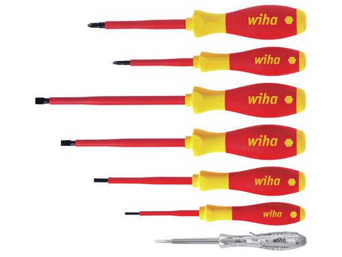 The Wiha SoftFinish® electric Screwdrivers come with a high quality Chrome vanadium steel blade, through hardened with a black-finish. Insulation is moulded directly onto blade. Individually tested at 10,000 V AC and approved for 1,000 V AC.Patented SoftFinish® handle ensures work is kind to hands and muscles. Recommended by doctors and therapists at the German Campaign for Healthier Backs. The unique Wiha handle-length concept provides optimum balance of torque and control. Manufactured according to IEC 60900.This 7 Piece Set contains the following: 4 x Slotted Screwdrivers: 2.5 x 75mm, 4.0 x 100mm, 5.5 x 125mm & 6.5 x 150mm.2 x Phillips Screwdrivers: PH1 x 80mm & PH2 x 100mm.1 x Voltage Tester 110-250V.