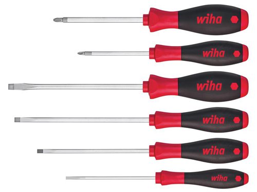The Wiha SoftFinish® Screwdrivers come with a round Chrome vanadium steel blade, matt chrome plated. Patented SoftFinish® handle ensures work is kind to hands and muscles. Recommended by doctors and therapists at German Campaign for Healthier Backs. The unique Wiha handle-length concept provides optimum balance of torque and control. Screw/size symbol is printed on the handle, enabling quick indentification.This 6 Piece Set contains the following: 4 x Slotted Screwdrivers: 3.5 x 100mm, 4.5 x 125mm, 5.5 x 150mm & 6.5 x 150mm2 x Pozidriv Screwdrivers: PZ1 x 80mm & PZ2 x 100mm.
