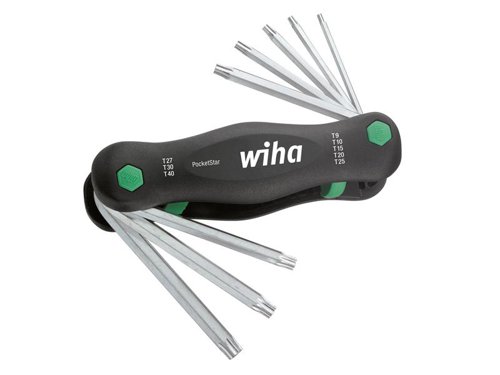 This Wiha PocketStar has eight TORX® hex L-keys made of through hardened, Chrome-vanadium steel with an electro-plated finish. Stored in a handy, space-saving folding holder.The ergonomically shaped housing is made from reinforced fibreglass housing. An ingenious opening button allows the user to easily select the required key size. Choose your working position, anywhere between 90° and 270°, depending on the screw fastening task at hand.In the 180° position, the tool is transformed into a screwdriver, for example. When the key is positioned on the 270° shoulder stop, it becomes a tool with a practical lever arm for high torques. It is also a clever solution for situations where users require just one single key to move in the work position since PocketStar stops the other keys from swinging back and getting in the way.Specifications:Sizes: T9, T10, T15, T20, T25, T27, T30 & T40.