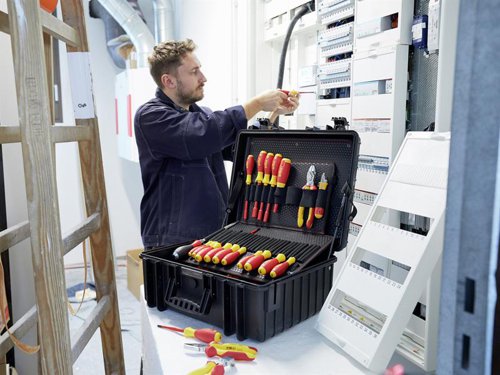 The 82 Piece Wiha Competence XL electrician Tool Kit contains everything an electrician needs. All the VDE tools in this kit have been individually tested at 10,000 V AC for electrical safety in accordance with IEC 60900:2012. Approved for 1,000 V AC.Supplied in a XL Competence Case. Made of robust polypropylene, the cases also feature gas-filled shock absorbers, which hold the lid in different positions, preventing it from closing automatically. The tool inserts have been designed to help you work efficiently by ensuring that all tools are quickly and easily accessible. There is also a large storage space in the toolbox, ideal for more small parts and other equipment.Contains the following:4 x SoftFinish® electric Hex Nut Drivers: 5.5 x 125mm, 7.0 x 125mm, 8.0 x 125mm & 10.0 x 125mm.4 x SoftFinish® electric slimFix Slotted Screwdrivers: 3.5 x 100mm, 4.0 x 100mm, 5.5 x 125mm & 6.5 x 150mm.2 x SoftFinish® electric slimFix Phillips Screwdrivers: PH1 x 80mm & PH2 x 100mm.2 x SoftFinish® electric slimFix Pozidriv Screwdrivers: PZ1 x 80mm & PZ2 x 100mm.2 x SoftFinish® electric slimFix PlusMinus/Phillips Screwdrivers: SL/PH1 x 80mm, SL/PH2 x 100mm.2 x SoftFinish® electric slimFix PlusMinus/Pozidriv Screwdrivers: SL/PZ1 x 80mm, SL/PZ2 x 100mm.1 x SoftFinish® Slotted Screwdriver with one-piece hexagonal blade and solid steel cap 12.0 x 200mm.1 x LiftUp electric Screwdriver with 6 x 75mm Bits: SL3.0, SL4.0, SL5.5, PH1, PH2 & SL/PZ2.1 x XLSelector Standard Bit Set, 31 Piece (30 x 25mm Bits: SL4.5, SL5.5, SL6.5, PH1(x2), PH2(x4), PH3, PZ1(x2), PZ2(x5), PZ3, T10(x2), T15(x2), T20(x2), T25(x2), T30(x2), T40 and 1 x Magnetic Bit Holder 58mm).1 x BiCut® Professional High-performance Diagonal Cutters with DynamicJoint® 200mm.1 x Classic Precision Mechanic's Diagonal Cutters with opening spring 125mm.1 x Professional electric Diagonal Cutters with DynamicJoint® 180mm.1 x Professional electric Water Pump Pliers with push button adjustment 250mm.1 x Professional electric Curved Needle Nose Pliers 200mm.1 x Professional electric Combination Pliers with DynamicJoint® 180mm.1 x Professional electric Needle Nose Pliers 200mm.1 x TriCut Professional electric Installation Pliers 170mm.1 x L-key Hex Ball Set, 10 Piece in Compact Holder (1.5-10mm).1 x Automatic Stripping Tool (up to 6mm²).1 x Stripping Tool for round cables 165mm.1 x Crimping Tools for wire-end sleeves 220mm1 x Switch Cabinet Key1 x Single-pole, Non-contact Volt Detector, 90–1,000 VAC (with 2 x AAA batteries)1 x SoftFinish® Single-pole Voltage Tester 110-250V1 x Longlife Folding Ruler 2m1 x Control Cabinet Spirit Level 20cm