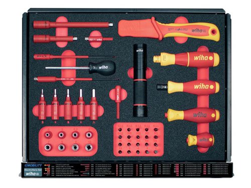 The 113 Piece Wiha eMobility Workshop Trolley Set, contains a large assortment of insulated tools, compiled for work on hybrid and electric vehicles. All the VDE tools in this kit have been individually tested at 10,000 V AC for electrical safety in accordance with IEC 60900:2012. Approved for 1,000 V AC.Supplied in a Workshop Trolley. Tools are distributed over five drawers, the tools are protected and are clearly arranged in precisely fitting foam inserts. Thanks to the fully extendable drawers, the tools are always easily accessible. Additional storage space and the integrated 4-way power socket allow the trolley to be expanded individually, even with electrical appliances. Its roller runners can comfortably transport up to 150 kg of contents within the workshop. At the same time, the locks on the roller runners guarantee absolute stability and steadiness. Thus the workshop trolley can be used flexibly in mobile applications, as a stable work table and as a shelf.Contains the following:1 x TorqueVario®-S electric variable Torque Screwdriver 0.8-5Nm.1 x SoftFinish® electric slimVario Stubby bit holder Screwdriver.6 x 75mm electric slimBit Slotted Bits: 2.5, 3.0, 3.5, 4.0, 5.5 & 6.5mm.2 x 75mm electric slimBit Phillips Bits: PH1 & PH2.2 x 75mm electric slimBit Pozidriv Bits: PZ1 & PZ2.5 x 75mm electric slimBit TORX® Bits: T8, T10, T15, T20 & T20.5 x 75mm electric slimBit Hex Bits: 2.5, 3.0, 4.0, 5.0 & 6.0mm.2 x 1/4in Insulated Extension for nut driver inserts: 75mm & 150mm.1 x electric slimVario® Adapter for 1/4in Nut driver.1 x electric  slimVario® Extension for slimBits 6.0mm.1 x TorqueVario-S electric Adapter for 1/4in Nut Driver.8 x 1/4in Insulated Hex Nut Driver Inserts: 4.0 x 42mm, 5.0 x 42mm, 5.5 x 42mm, 6.0 x 42mm, 7.0 x 42mm, 8.0 x 42mm, 9.0 x 42mm & 10.0 x 42mm.5 x 1/4in Insulated Internal Hex Nut Driver Inserts: 3.0 x 65mm, 4.0 x 65mm, 5.0 x 65mm, 6.0 x 65mm & 8.0 x 65mm.1 x Cable stripping Knife for round cables.1 x 100-310lm Flashlight (LED, laser and UV) incl. 3 AAA batteries.1 x 3/8in electric Adjustable Torque Key for nut drivers.1 x 3/8in Insulated Square Adapter for 1/4in Nut Drivers.2 x 3/8in Insulated Extensions: 125mm & 250mm.10 x 3/8in Insulated Hex Nut Driver Inserts: 11.0 x 45mm, 12.0 x 45mm, 13.0 x 45mm, 14.0 x 45mm, 16.0 x 45mm, 17.0 x 45mm, 18.0 x 45mm, 19.0 x 47mm, 21.0 x 47mm & 22.0 x 47mm.1 x TorqueVario®-S T electric T-handle Screwdriver 5-14Nm.1 x TorqueVario®-S T electric T-handle Adapter for 1/4in nut driver.4 x Interchangeable electric TORX® Blades (for torque screwdriver with T-handle electric): T15, T20, T25 & T27.1 x Professional electric Water Pump Pliers with push button adjustment 250mm.1 x Professional electric Diagonal Cutters with DynamicJoint® 180mm.1 x Professional electric Cable Cutters with switchable opening spring 210mm.1 x Professional electric Combination Pliers with DynamicJoint® 200mm.1 x Professional electric Long flat-nose Pliers 160mm.1 x Professional electric Needle Nose Pliers 200mm.1 x Professional electric Stripping Pliers 160mm.1 x Professional electric Type 13 Crimping Pliers 180mm.15 x Single, Insulated Open-end Spanners: 6.0 x 90mm, 7.0 x 90mm, 8.0 x 100mm, 9.0 x 100mm, 10.0 x 110mm, 11.0 x 110mm, 12.0 x 130mm, 13.0 x 135mm, 14.0 x 145mm, 15.0 x 150mm, 16.0 x 160mm, 17.0 x 160mm, 18.0 x 175mm, 19.0 x 175mm & 22.0 x 195mm.1 x electric Adjustable Spanner 0-30 x 250mm.1 x eMobility Voltage & Continuity Tester 12-1,000V AC, CAT IV incl. 2x AAA batteries.1 x Charger for 18500 Li-ion batteries with USB and Europlug.1 x speedE® E-screwdriver Handle .2 x Insulating End Caps: 40mm & 60mm.2 x Insulating Blanket Clamps: L=80mm & L=160mm.1 x Protective IEC Blanket 1,000 (AC) / 1,500 (DC) (thickness 1mm).1 x Pair of 100% Cotton Undergloves Size 9-10.1 x Face Shield 1,000?V?AC?/?1,500?V DS (210 x 450mm/weight 400g).1 x SoftFinish® electric slimVario Bit Holder.3 x Deep3/8in electric Double Hex Socket Wrench Inserts: M8 x 80mm, M10 x 80mm & M12 x 80mm.1 x Pair of Electrically Insulating Gloves Size 10.1 x Electric and Hybrid Vehicles Warning Sign.1 x Battery Set, 18500 Li-ion 2 units in box.