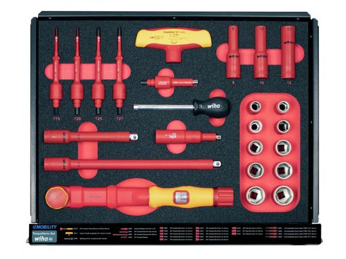 The 113 Piece Wiha eMobility Workshop Trolley Set, contains a large assortment of insulated tools, compiled for work on hybrid and electric vehicles. All the VDE tools in this kit have been individually tested at 10,000 V AC for electrical safety in accordance with IEC 60900:2012. Approved for 1,000 V AC.Supplied in a Workshop Trolley. Tools are distributed over five drawers, the tools are protected and are clearly arranged in precisely fitting foam inserts. Thanks to the fully extendable drawers, the tools are always easily accessible. Additional storage space and the integrated 4-way power socket allow the trolley to be expanded individually, even with electrical appliances. Its roller runners can comfortably transport up to 150 kg of contents within the workshop. At the same time, the locks on the roller runners guarantee absolute stability and steadiness. Thus the workshop trolley can be used flexibly in mobile applications, as a stable work table and as a shelf.Contains the following:1 x TorqueVario®-S electric variable Torque Screwdriver 0.8-5Nm.1 x SoftFinish® electric slimVario Stubby bit holder Screwdriver.6 x 75mm electric slimBit Slotted Bits: 2.5, 3.0, 3.5, 4.0, 5.5 & 6.5mm.2 x 75mm electric slimBit Phillips Bits: PH1 & PH2.2 x 75mm electric slimBit Pozidriv Bits: PZ1 & PZ2.5 x 75mm electric slimBit TORX® Bits: T8, T10, T15, T20 & T20.5 x 75mm electric slimBit Hex Bits: 2.5, 3.0, 4.0, 5.0 & 6.0mm.2 x 1/4in Insulated Extension for nut driver inserts: 75mm & 150mm.1 x electric slimVario® Adapter for 1/4in Nut driver.1 x electric  slimVario® Extension for slimBits 6.0mm.1 x TorqueVario-S electric Adapter for 1/4in Nut Driver.8 x 1/4in Insulated Hex Nut Driver Inserts: 4.0 x 42mm, 5.0 x 42mm, 5.5 x 42mm, 6.0 x 42mm, 7.0 x 42mm, 8.0 x 42mm, 9.0 x 42mm & 10.0 x 42mm.5 x 1/4in Insulated Internal Hex Nut Driver Inserts: 3.0 x 65mm, 4.0 x 65mm, 5.0 x 65mm, 6.0 x 65mm & 8.0 x 65mm.1 x Cable stripping Knife for round cables.1 x 100-310lm Flashlight (LED, laser and UV) incl. 3 AAA batteries.1 x 3/8in electric Adjustable Torque Key for nut drivers.1 x 3/8in Insulated Square Adapter for 1/4in Nut Drivers.2 x 3/8in Insulated Extensions: 125mm & 250mm.10 x 3/8in Insulated Hex Nut Driver Inserts: 11.0 x 45mm, 12.0 x 45mm, 13.0 x 45mm, 14.0 x 45mm, 16.0 x 45mm, 17.0 x 45mm, 18.0 x 45mm, 19.0 x 47mm, 21.0 x 47mm & 22.0 x 47mm.1 x TorqueVario®-S T electric T-handle Screwdriver 5-14Nm.1 x TorqueVario®-S T electric T-handle Adapter for 1/4in nut driver.4 x Interchangeable electric TORX® Blades (for torque screwdriver with T-handle electric): T15, T20, T25 & T27.1 x Professional electric Water Pump Pliers with push button adjustment 250mm.1 x Professional electric Diagonal Cutters with DynamicJoint® 180mm.1 x Professional electric Cable Cutters with switchable opening spring 210mm.1 x Professional electric Combination Pliers with DynamicJoint® 200mm.1 x Professional electric Long flat-nose Pliers 160mm.1 x Professional electric Needle Nose Pliers 200mm.1 x Professional electric Stripping Pliers 160mm.1 x Professional electric Type 13 Crimping Pliers 180mm.15 x Single, Insulated Open-end Spanners: 6.0 x 90mm, 7.0 x 90mm, 8.0 x 100mm, 9.0 x 100mm, 10.0 x 110mm, 11.0 x 110mm, 12.0 x 130mm, 13.0 x 135mm, 14.0 x 145mm, 15.0 x 150mm, 16.0 x 160mm, 17.0 x 160mm, 18.0 x 175mm, 19.0 x 175mm & 22.0 x 195mm.1 x electric Adjustable Spanner 0-30 x 250mm.1 x eMobility Voltage & Continuity Tester 12-1,000V AC, CAT IV incl. 2x AAA batteries.1 x Charger for 18500 Li-ion batteries with USB and Europlug.1 x speedE® E-screwdriver Handle .2 x Insulating End Caps: 40mm & 60mm.2 x Insulating Blanket Clamps: L=80mm & L=160mm.1 x Protective IEC Blanket 1,000 (AC) / 1,500 (DC) (thickness 1mm).1 x Pair of 100% Cotton Undergloves Size 9-10.1 x Face Shield 1,000?V?AC?/?1,500?V DS (210 x 450mm/weight 400g).1 x SoftFinish® electric slimVario Bit Holder.3 x Deep3/8in electric Double Hex Socket Wrench Inserts: M8 x 80mm, M10 x 80mm & M12 x 80mm.1 x Pair of Electrically Insulating Gloves Size 10.1 x Electric and Hybrid Vehicles Warning Sign.1 x Battery Set, 18500 Li-ion 2 units in box.