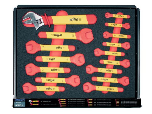 The 113 Piece Wiha eMobility Workshop Trolley Set, contains a large assortment of insulated tools, compiled for work on hybrid and electric vehicles. All the VDE tools in this kit have been individually tested at 10,000 V AC for electrical safety in accordance with IEC 60900:2012. Approved for 1,000 V AC.Supplied in a Workshop Trolley. Tools are distributed over five drawers, the tools are protected and are clearly arranged in precisely fitting foam inserts. Thanks to the fully extendable drawers, the tools are always easily accessible. Additional storage space and the integrated 4-way power socket allow the trolley to be expanded individually, even with electrical appliances. Its roller runners can comfortably transport up to 150 kg of contents within the workshop. At the same time, the locks on the roller runners guarantee absolute stability and steadiness. Thus the workshop trolley can be used flexibly in mobile applications, as a stable work table and as a shelf.Contains the following:1 x TorqueVario®-S electric variable Torque Screwdriver 0.8-5Nm.1 x SoftFinish® electric slimVario Stubby bit holder Screwdriver.6 x 75mm electric slimBit Slotted Bits: 2.5, 3.0, 3.5, 4.0, 5.5 & 6.5mm.2 x 75mm electric slimBit Phillips Bits: PH1 & PH2.2 x 75mm electric slimBit Pozidriv Bits: PZ1 & PZ2.5 x 75mm electric slimBit TORX® Bits: T8, T10, T15, T20 & T20.5 x 75mm electric slimBit Hex Bits: 2.5, 3.0, 4.0, 5.0 & 6.0mm.2 x 1/4in Insulated Extension for nut driver inserts: 75mm & 150mm.1 x electric slimVario® Adapter for 1/4in Nut driver.1 x electric  slimVario® Extension for slimBits 6.0mm.1 x TorqueVario-S electric Adapter for 1/4in Nut Driver.8 x 1/4in Insulated Hex Nut Driver Inserts: 4.0 x 42mm, 5.0 x 42mm, 5.5 x 42mm, 6.0 x 42mm, 7.0 x 42mm, 8.0 x 42mm, 9.0 x 42mm & 10.0 x 42mm.5 x 1/4in Insulated Internal Hex Nut Driver Inserts: 3.0 x 65mm, 4.0 x 65mm, 5.0 x 65mm, 6.0 x 65mm & 8.0 x 65mm.1 x Cable stripping Knife for round cables.1 x 100-310lm Flashlight (LED, laser and UV) incl. 3 AAA batteries.1 x 3/8in electric Adjustable Torque Key for nut drivers.1 x 3/8in Insulated Square Adapter for 1/4in Nut Drivers.2 x 3/8in Insulated Extensions: 125mm & 250mm.10 x 3/8in Insulated Hex Nut Driver Inserts: 11.0 x 45mm, 12.0 x 45mm, 13.0 x 45mm, 14.0 x 45mm, 16.0 x 45mm, 17.0 x 45mm, 18.0 x 45mm, 19.0 x 47mm, 21.0 x 47mm & 22.0 x 47mm.1 x TorqueVario®-S T electric T-handle Screwdriver 5-14Nm.1 x TorqueVario®-S T electric T-handle Adapter for 1/4in nut driver.4 x Interchangeable electric TORX® Blades (for torque screwdriver with T-handle electric): T15, T20, T25 & T27.1 x Professional electric Water Pump Pliers with push button adjustment 250mm.1 x Professional electric Diagonal Cutters with DynamicJoint® 180mm.1 x Professional electric Cable Cutters with switchable opening spring 210mm.1 x Professional electric Combination Pliers with DynamicJoint® 200mm.1 x Professional electric Long flat-nose Pliers 160mm.1 x Professional electric Needle Nose Pliers 200mm.1 x Professional electric Stripping Pliers 160mm.1 x Professional electric Type 13 Crimping Pliers 180mm.15 x Single, Insulated Open-end Spanners: 6.0 x 90mm, 7.0 x 90mm, 8.0 x 100mm, 9.0 x 100mm, 10.0 x 110mm, 11.0 x 110mm, 12.0 x 130mm, 13.0 x 135mm, 14.0 x 145mm, 15.0 x 150mm, 16.0 x 160mm, 17.0 x 160mm, 18.0 x 175mm, 19.0 x 175mm & 22.0 x 195mm.1 x electric Adjustable Spanner 0-30 x 250mm.1 x eMobility Voltage & Continuity Tester 12-1,000V AC, CAT IV incl. 2x AAA batteries.1 x Charger for 18500 Li-ion batteries with USB and Europlug.1 x speedE® E-screwdriver Handle .2 x Insulating End Caps: 40mm & 60mm.2 x Insulating Blanket Clamps: L=80mm & L=160mm.1 x Protective IEC Blanket 1,000 (AC) / 1,500 (DC) (thickness 1mm).1 x Pair of 100% Cotton Undergloves Size 9-10.1 x Face Shield 1,000?V?AC?/?1,500?V DS (210 x 450mm/weight 400g).1 x SoftFinish® electric slimVario Bit Holder.3 x Deep3/8in electric Double Hex Socket Wrench Inserts: M8 x 80mm, M10 x 80mm & M12 x 80mm.1 x Pair of Electrically Insulating Gloves Size 10.1 x Electric and Hybrid Vehicles Warning Sign.1 x Battery Set, 18500 Li-ion 2 units in box.