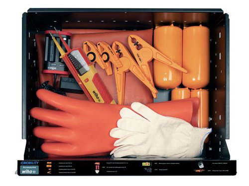 The 113 Piece Wiha eMobility Workshop Trolley Set, contains a large assortment of insulated tools, compiled for work on hybrid and electric vehicles. All the VDE tools in this kit have been individually tested at 10,000 V AC for electrical safety in accordance with IEC 60900:2012. Approved for 1,000 V AC.Supplied in a Workshop Trolley. Tools are distributed over five drawers, the tools are protected and are clearly arranged in precisely fitting foam inserts. Thanks to the fully extendable drawers, the tools are always easily accessible. Additional storage space and the integrated 4-way power socket allow the trolley to be expanded individually, even with electrical appliances. Its roller runners can comfortably transport up to 150 kg of contents within the workshop. At the same time, the locks on the roller runners guarantee absolute stability and steadiness. Thus the workshop trolley can be used flexibly in mobile applications, as a stable work table and as a shelf.Contains the following:1 x TorqueVario®-S electric variable Torque Screwdriver 0.8-5Nm.1 x SoftFinish® electric slimVario Stubby bit holder Screwdriver.6 x 75mm electric slimBit Slotted Bits: 2.5, 3.0, 3.5, 4.0, 5.5 & 6.5mm.2 x 75mm electric slimBit Phillips Bits: PH1 & PH2.2 x 75mm electric slimBit Pozidriv Bits: PZ1 & PZ2.5 x 75mm electric slimBit TORX® Bits: T8, T10, T15, T20 & T20.5 x 75mm electric slimBit Hex Bits: 2.5, 3.0, 4.0, 5.0 & 6.0mm.2 x 1/4in Insulated Extension for nut driver inserts: 75mm & 150mm.1 x electric slimVario® Adapter for 1/4in Nut driver.1 x electric  slimVario® Extension for slimBits 6.0mm.1 x TorqueVario-S electric Adapter for 1/4in Nut Driver.8 x 1/4in Insulated Hex Nut Driver Inserts: 4.0 x 42mm, 5.0 x 42mm, 5.5 x 42mm, 6.0 x 42mm, 7.0 x 42mm, 8.0 x 42mm, 9.0 x 42mm & 10.0 x 42mm.5 x 1/4in Insulated Internal Hex Nut Driver Inserts: 3.0 x 65mm, 4.0 x 65mm, 5.0 x 65mm, 6.0 x 65mm & 8.0 x 65mm.1 x Cable stripping Knife for round cables.1 x 100-310lm Flashlight (LED, laser and UV) incl. 3 AAA batteries.1 x 3/8in electric Adjustable Torque Key for nut drivers.1 x 3/8in Insulated Square Adapter for 1/4in Nut Drivers.2 x 3/8in Insulated Extensions: 125mm & 250mm.10 x 3/8in Insulated Hex Nut Driver Inserts: 11.0 x 45mm, 12.0 x 45mm, 13.0 x 45mm, 14.0 x 45mm, 16.0 x 45mm, 17.0 x 45mm, 18.0 x 45mm, 19.0 x 47mm, 21.0 x 47mm & 22.0 x 47mm.1 x TorqueVario®-S T electric T-handle Screwdriver 5-14Nm.1 x TorqueVario®-S T electric T-handle Adapter for 1/4in nut driver.4 x Interchangeable electric TORX® Blades (for torque screwdriver with T-handle electric): T15, T20, T25 & T27.1 x Professional electric Water Pump Pliers with push button adjustment 250mm.1 x Professional electric Diagonal Cutters with DynamicJoint® 180mm.1 x Professional electric Cable Cutters with switchable opening spring 210mm.1 x Professional electric Combination Pliers with DynamicJoint® 200mm.1 x Professional electric Long flat-nose Pliers 160mm.1 x Professional electric Needle Nose Pliers 200mm.1 x Professional electric Stripping Pliers 160mm.1 x Professional electric Type 13 Crimping Pliers 180mm.15 x Single, Insulated Open-end Spanners: 6.0 x 90mm, 7.0 x 90mm, 8.0 x 100mm, 9.0 x 100mm, 10.0 x 110mm, 11.0 x 110mm, 12.0 x 130mm, 13.0 x 135mm, 14.0 x 145mm, 15.0 x 150mm, 16.0 x 160mm, 17.0 x 160mm, 18.0 x 175mm, 19.0 x 175mm & 22.0 x 195mm.1 x electric Adjustable Spanner 0-30 x 250mm.1 x eMobility Voltage & Continuity Tester 12-1,000V AC, CAT IV incl. 2x AAA batteries.1 x Charger for 18500 Li-ion batteries with USB and Europlug.1 x speedE® E-screwdriver Handle .2 x Insulating End Caps: 40mm & 60mm.2 x Insulating Blanket Clamps: L=80mm & L=160mm.1 x Protective IEC Blanket 1,000 (AC) / 1,500 (DC) (thickness 1mm).1 x Pair of 100% Cotton Undergloves Size 9-10.1 x Face Shield 1,000?V?AC?/?1,500?V DS (210 x 450mm/weight 400g).1 x SoftFinish® electric slimVario Bit Holder.3 x Deep3/8in electric Double Hex Socket Wrench Inserts: M8 x 80mm, M10 x 80mm & M12 x 80mm.1 x Pair of Electrically Insulating Gloves Size 10.1 x Electric and Hybrid Vehicles Warning Sign.1 x Battery Set, 18500 Li-ion 2 units in box.