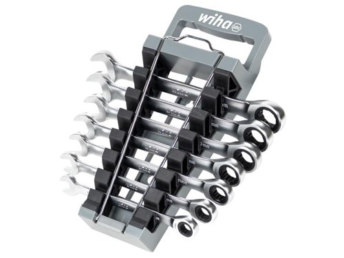 The Wiha Ring Ratchet Spanner Set, 8 Piece, are made from high-quality, chrome vanadium steel with a corrosion-resistant and easy-to-clean surface. The design enables high leverage without force, making it easy to open any screw connection. In addition, the end with the mouth is ideal for countering screws and nuts. With a jaw position of 15°, the jaw end is perfect for working in narrow spaces.Even when working with the ring ratchet, the user has a short return angle thanks to the fine toothing with 72 teeth and maximum comfort when working in cramped working environments thanks to the double hexagon. Conforms to DIN 3113. This 8 Piece set is supplied in a practical holder. The holder can be opened with just one hand in order to remove the right size from it. Its non-slip surface helps to ensure a strong hold even in oily or wet work situations.Contains the following sizes: 9, 10, 11, 12, 13, 14 & 15mm.