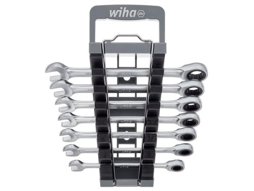 The Wiha Ring Ratchet Spanner Set, 8 Piece, are made from high-quality, chrome vanadium steel with a corrosion-resistant and easy-to-clean surface. The design enables high leverage without force, making it easy to open any screw connection. In addition, the end with the mouth is ideal for countering screws and nuts. With a jaw position of 15°, the jaw end is perfect for working in narrow spaces.Even when working with the ring ratchet, the user has a short return angle thanks to the fine toothing with 72 teeth and maximum comfort when working in cramped working environments thanks to the double hexagon. Conforms to DIN 3113. This 8 Piece set is supplied in a practical holder. The holder can be opened with just one hand in order to remove the right size from it. Its non-slip surface helps to ensure a strong hold even in oily or wet work situations.Contains the following sizes: 9, 10, 11, 12, 13, 14 & 15mm.