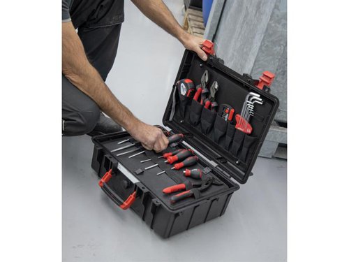 38 Piece Wiha L Mechanic Basic Tool Set made ideal for mechanics out on jobs, e.g. ideal for young workers starting their career. All the VDE tools in this kit have been individually tested at 10,000 V AC for electrical safety in accordance with IEC 60900:2012. Approved for 1,000 V AC.Supplied in a polypropylene tool case. Guarantees robustness and can be secured against theft with padlocks at the integrated eyelets (not included). Offers ample space for further individual additional equipment thanks to extra loops and storage space. The ergonomic two-component handle ensures a comfortable carrying experience. Certified to protection class IP 67. The tool case basic is also ideally suited for flights thanks to the air pressure compensation valve and can be clearly assigned to the owner with the existing, self-labelled name plate.Contains the following:1 x SoftFinish® Slotted Screwdriver with one-piece hexagonal blade and solid steel cap 5.5 x 100mm.4 x SoftFinish® Slotted Screwdrivers: 3.5 x 100mm, 4.5 x 125mm, 5.5 x 150mm & 6.5 x 150mm.2 x SoftFinish® Phillips Screwdrivers: PH1 x 80mm & PH2 x 100mm.1 x FlipSelector Standard Bit Set (12 x 25mm Bits: SL5.5, PH2, PZ1, PZ2, PZ3, T15, T20, T25, T30, H3.0, H4.0, H5.0 and 1 x Magnetic Bit Holder 58mm).1 x Magnetic Stubby Bit Holder Screwdriver 57mm.1 x Industrial Heavy-duty Diagonal Cutters with DynamicJoint® and switchable opening spring 180mm.1 x Industrial Combination Pliers with DynamicJoint® 200mm.1 x Industrial Water Pump Pliers 250mm.1 x ProStar Hex Ball End L-key Set, 10 Piece (1.5-10.0mm).1 x Locksmith Hammer 300g.1 x Measuring Tape 5m.