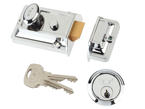 The Yale 77 Series Traditional Nightlatches are the Original Yale Lock with classic styling. The deadlocking snib function enables the latch to be held back or deadlocked internally. The nightlatch is key operated from the outside and has a knob handle for operation from inside.The 77 Series Nightlatches have a 60mm backset, this is the measurement from the edge of the door to the centre of the keyhole.Supplied with 1109 external cylinder.This Yale 77CH has a hardened case finished in Polished Chrome and the Cylinder is also finished in Polished ChromePack Type: BoxedSupplied with 2 x keysSecurity Rating: StandardNot recommended for glass panelled doors, unless used in conjunction with a 5 lever mortice lock