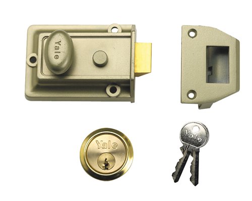 The Yale 77 Series Traditional Nightlatches are the Original Yale Lock with classic styling. The deadlocking snib function enables the latch to be held back or deadlocked internally. The nightlatch is key operated from the outside and has a knob handle for operation from inside.The 77 Series Nightlatches have a 60mm backset, this is the measurement from the edge of the door to the centre of the keyhole.Supplied with 1109 external cylinder.This Yale 77ENBPB has a hardened case finished in Electro Nickle Brass and the Cylinder is finished in Polished BrassPack Type: BoxedSupplied with 2 x keysSecurity Rating: StandardNot recommended for glass panelled doors, unless used in conjunction with a 5 lever mortice lock