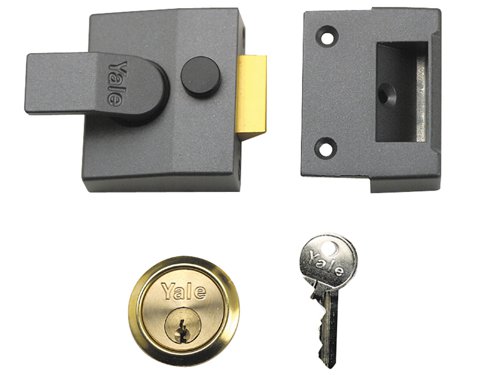 The Yale 84 Standard Nightlatch Security Lock is key operated from the outside and lever handle operated from the inside. The latch automatically deadlocks on closing the door and the snib function (bolt hold back button) enables the latch to be held back.Supplied with 1109 Cylinder in brass.The 84 series security nightlatches have a 40mm backset, this is the measurement from the edge of the door to the centre of the keyhole. Locks with a 40mm backset are normally used where there is restricted space, such as on a narrow glass panelled door.This Yale 84DMGPB has a hardened Case Finish in Dark Metallic Grey and the Cylinder is finished in Polished Brass. The lock is covered by a 2 Year Guarantee and has a standard Security Rating. Key Blank: B-1109-KEYBoxed