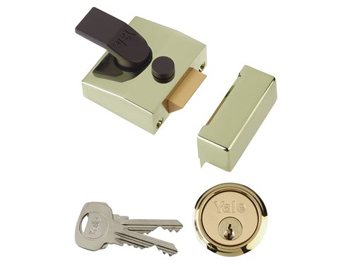 The Yale 85 series deadlocking standard nightlatch security locks are some of the most widely-used front door latches. They are key operated from the outside and lever handle operated from the inside. The latch automatically deadlocks on closing the door and the snib function (bolt hold back button) enables the latch to be held back.The inside handle can also be deadlocked by a reverse turn of the key in the cylinder giving additional security (when deadlocked in this manner the latch cannot be opened from the inside only from the outside with the key)Supplied with 1109 Cylinder.Finish: Brasslux, Chrome or Dark Metal Grey (DMG).The 85 series security nightlatches have a 40mm backset, this is the measurement from the edge of the door to the centre of the keyhole. Locks with a 40mm backset are normally used where there is restricted space, such as on a narrow glass panelled door.This Yale YAL85BLXPL has a hardened Case Finish in Brasslux and the Cylinder is Finished in Polished Brass. The lock is covered by a 2 Year Guarantee and has a High Security Rating.Pack: Boxed