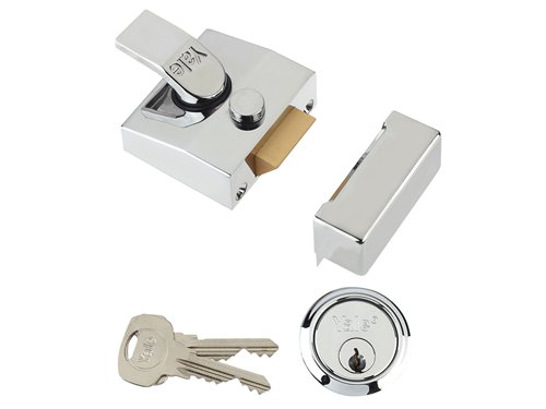 The Yale 85 series deadlocking standard nightlatch security locks are some of the most widely-used front door latches. They are key operated from the outside and lever handle operated from the inside. The latch automatically deadlocks on closing the door and the snib function (bolt hold back button) enables the latch to be held back.The inside handle can also be deadlocked by a reverse turn of the key in the cylinder giving additional security (when deadlocked in this manner the latch cannot be opened from the inside only from the outside with the key)Supplied with 1109 Cylinder.Finish: Brasslux, Chrome or Dark Metal Grey (DMG).The 85 series security nightlatches have a 40mm backset, this is the measurement from the edge of the door to the centre of the keyhole. Locks with a 40mm backset are normally used where there is restricted space, such as on a narrow glass panelled door.This Yale 85CHCH has a hardened Case Finish in Polished Chrome and the Cylinder is finished in Polished Chrome. The lock is covered by a 2 Year Guarantee and has a High Security Rating.Pack: Boxed
