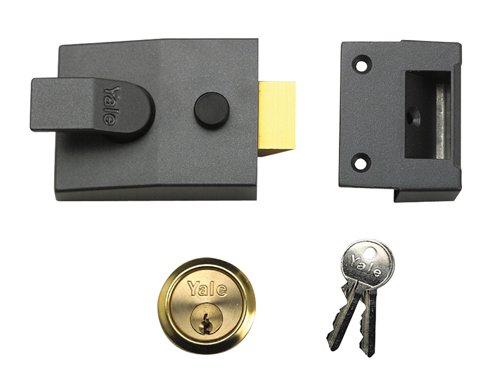 The Yale 88 Standard nightlatch security lock is key operated from the outside and lever handle operated from the inside. The latch automatically deadlocks on closing the door and the snib function (bolt hold back button) enables the latch to be held back.Supplied with 1109 Cylnder in brass or chrome finish.The 88 series security nightlatches have a 60mm backset, this is the measurement from the edge of the door to the centre of the keyhole. Locks with a 40mm backset are normally used where there is restricted space, such as on a narrow glass panelled door.This Yale 88DMGPB has a hardened Case Finish in Dark Metallic Grey and the Cylinder is finished in Polished Brass. The lock is covered by a 2 Year Guarantee and has a High Security Rating. Key Blank: B-1109-KEY